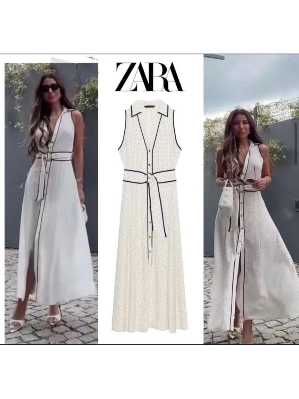 ZARA Cream Maxi Shirt Dress with Black Contrast Trim